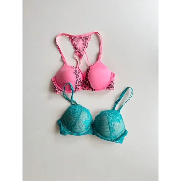 Lot of 2 LA SENZA Hello Sugar Pink Turquoise Lace Trim Push Up Bras, Size 34B - Picture 2 of 14